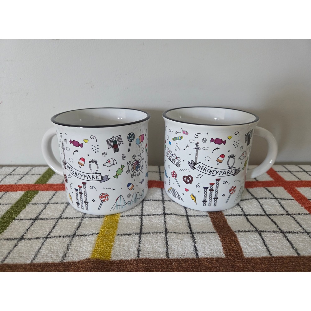 Hersheypark Souvenir Coffee Mug Set of 2 White Ceramic Campfire Style Doodles